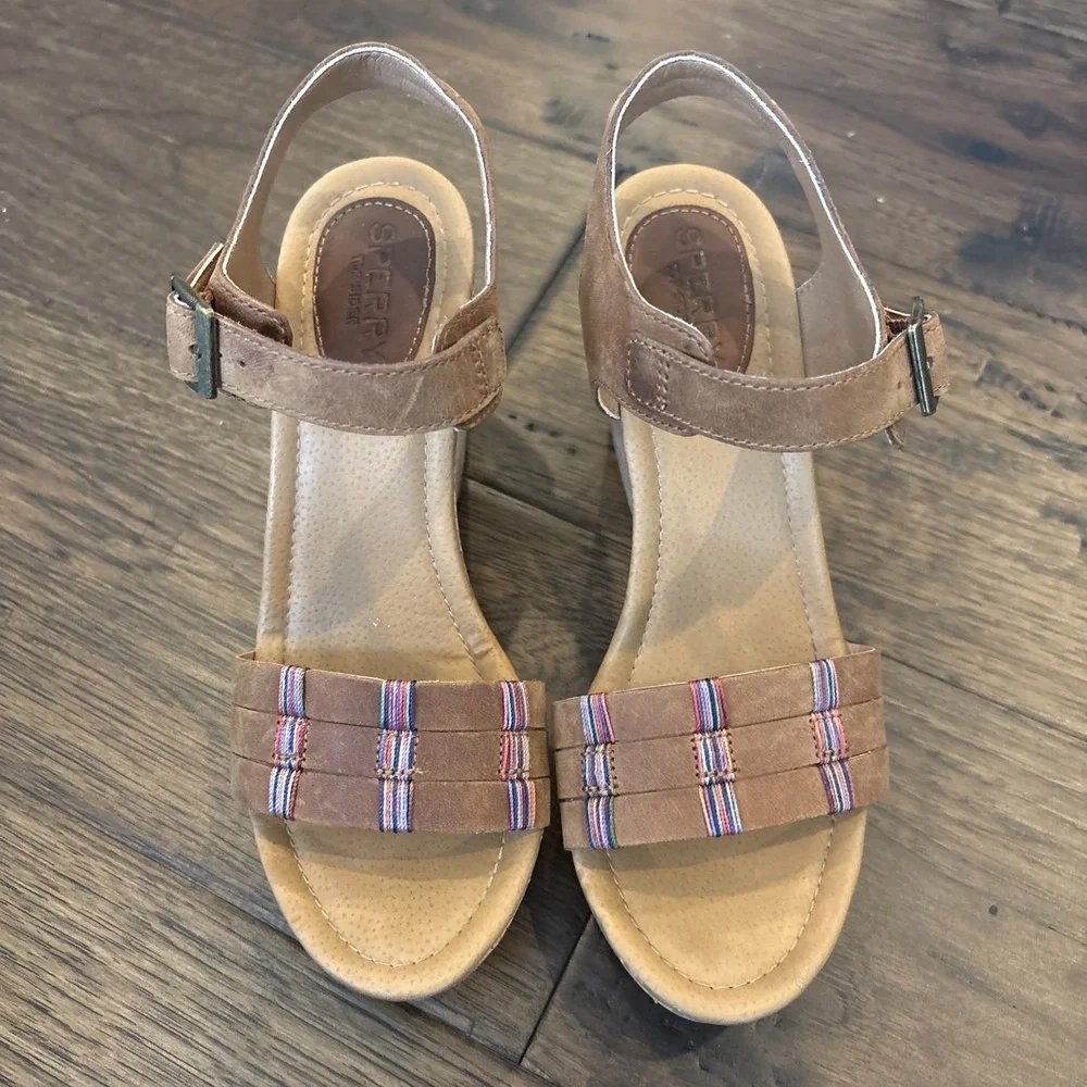 Sperry Top-Sider Women's 7M Dawn Echo Open‎ Toe Leather Tan Wedge Sandal